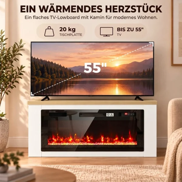 Elektrische Haard Met Verwarming, 12 Vlamkleuren, TV meubel Met Haard Voor TV Tot 55 Inch, 114 Cm Wit
