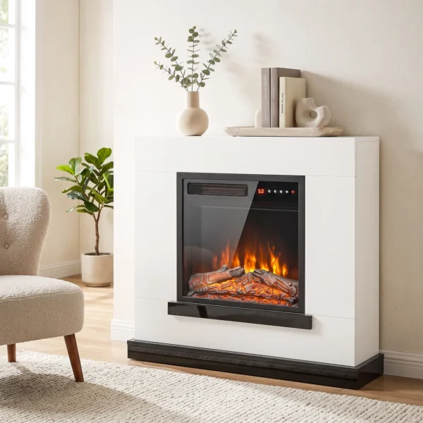 Elektrische Haard Met Verwarming 3D vlam Effect, Elektrische Haard Met Schouw, 80 Cm, Wit