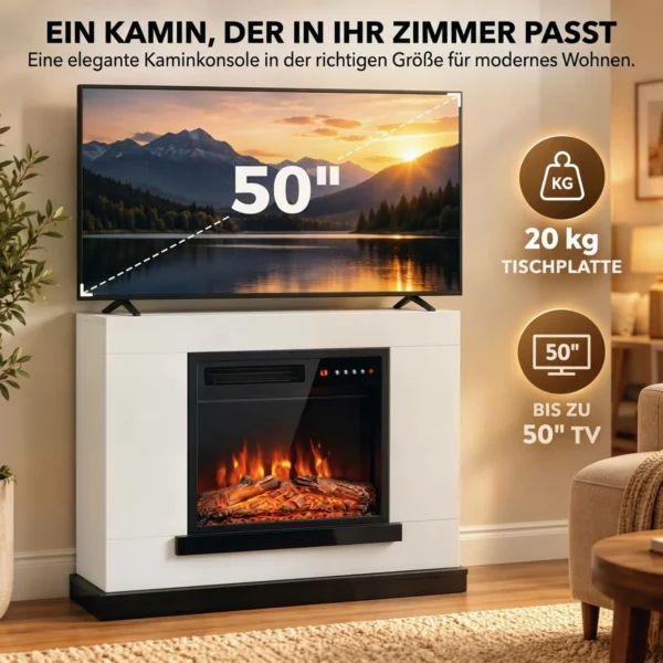 Elektrische Haard Met Verwarming 3D vlam Effect, Elektrische Haard Met Schouw, 80 Cm, Wit