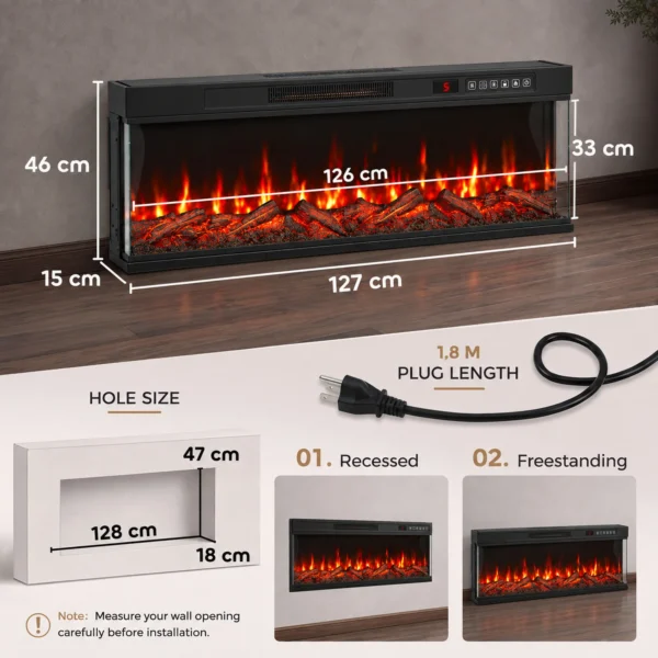 Elektrische Haard Met Verwarming En 12 Vlamkleuren, Wandhaard Met Afstandsbediening 127 Cm