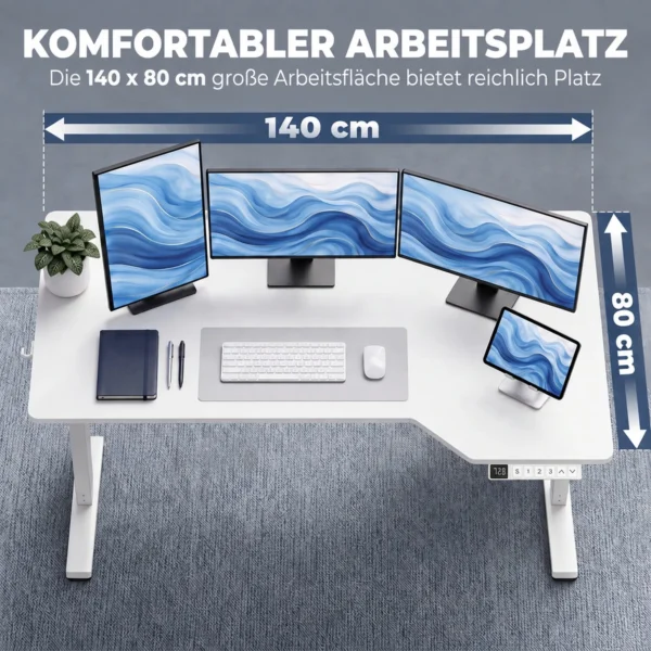 Elektrische Hoekbureau, 3 Opslagruimtes, Kabelbeheer, 2 Haken, L vorm, Wit