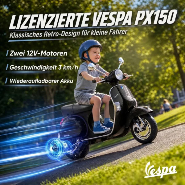 Elektrische Kinder Vespa PX150 12V Motorfiets Met Lithium Batterij 35W 2 Motoren 25° Stuurbegrenzing Voor 3 6 Jaar