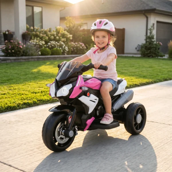 Elektrische Kindermotor, Lichten & Geluiden, 3 Km/u, Oplaadbaar, Kunststof & Metaal, Roze/Wit