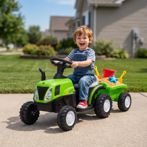 Elektrische Kindertractor Met Afneembare Aanhanger, Opzittractor Met Lithium accu, Voetpedaal, Muziek, Claxon, Licht, Groen