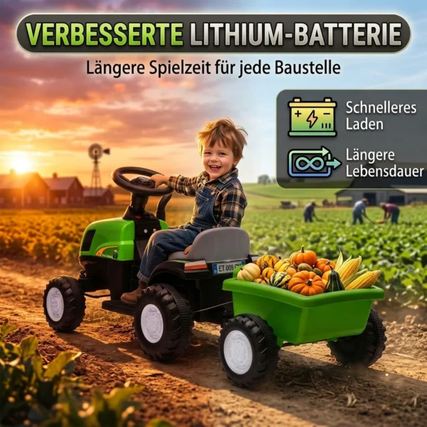 Elektrische Kindertractor Met Afneembare Aanhanger, Opzittractor Met Lithium accu, Voetpedaal, Muziek, Claxon, Licht, Groen