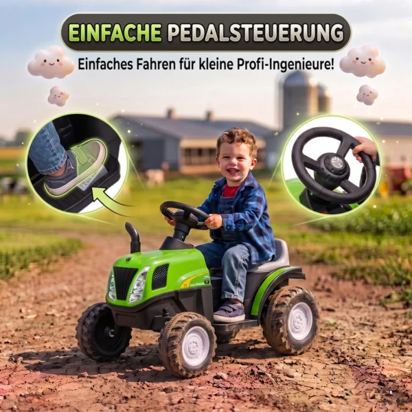 Elektrische Kindertractor Met Afneembare Aanhanger, Opzittractor Met Lithium accu, Voetpedaal, Muziek, Claxon, Licht, Groen