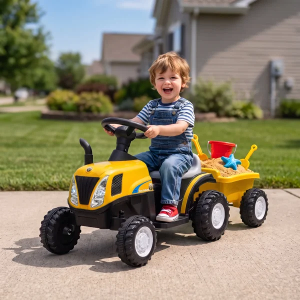 Elektrische Kindertractor Met Afneembare Aanhanger, Opzittractor Met Lithiumbatterij, Voetpedaal, Muziek, Claxonlicht, Geel