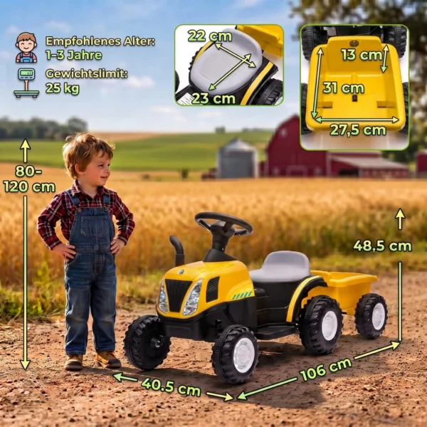 Elektrische Kindertractor Met Afneembare Aanhanger, Opzittractor Met Lithiumbatterij, Voetpedaal, Muziek, Claxonlicht, Geel