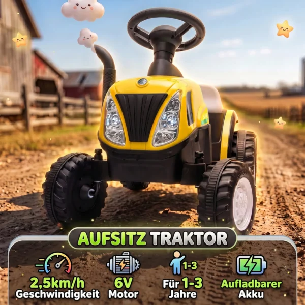 Elektrische Kindertractor Met Afneembare Aanhanger, Opzittractor Met Lithiumbatterij, Voetpedaal, Muziek, Claxonlicht, Geel