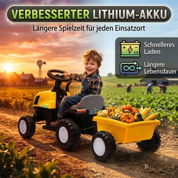 Elektrische Kindertractor Met Afneembare Aanhanger, Opzittractor Met Lithiumbatterij, Voetpedaal, Muziek, Claxonlicht, Geel