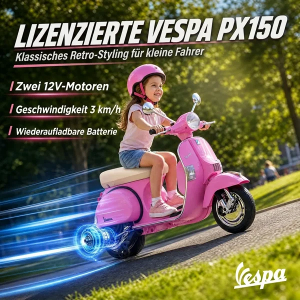 Elektrische Motorfiets Kinderen Vespa PX150 12V Elektrische Motorfiets Met Lithium Batterij 35W 2 Motoren 25° Stuurbegrenzing Voor 3 6 Jaar