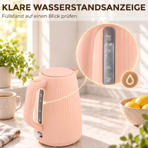 Elektrische Waterkoker, 1,7L, Snelkookfunctie, 2200W, Met Verwijderbare Kalkfilter, Automatische Uitschakeling, Roze