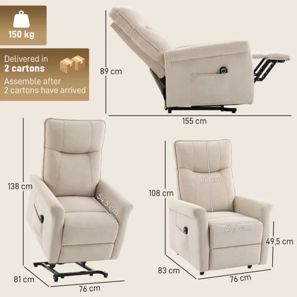 Elektrischer Relaxsessel Mit Liegefunktion, TV Sessel Mit Aufstehhilfe Und Fußstütze, Bis 150kg Creme