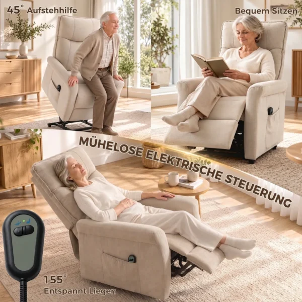 Elektrischer Relaxsessel Mit Liegefunktion, TV Sessel Mit Aufstehhilfe Und Fußstütze, Bis 150kg Creme