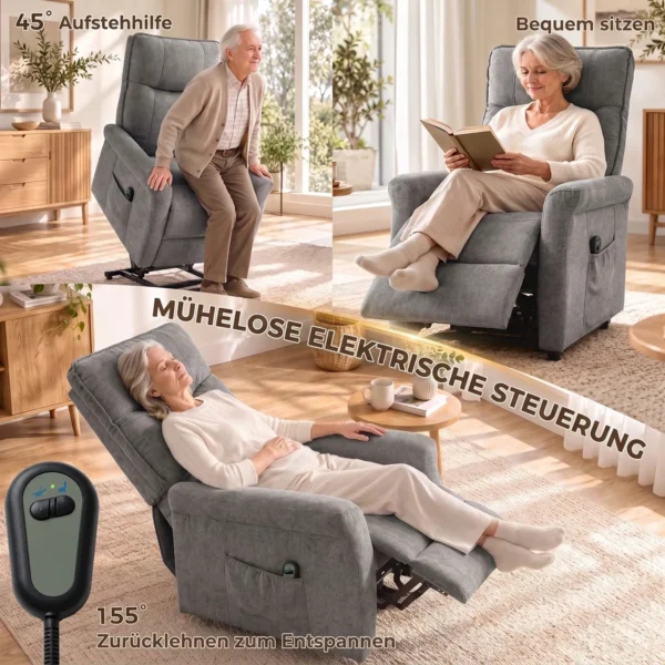Elektrischer Relaxsessel Mit Liegefunktion, TV Sessel Mit Aufstehhilfe Und Fußstütze, Bis 150kg Grau