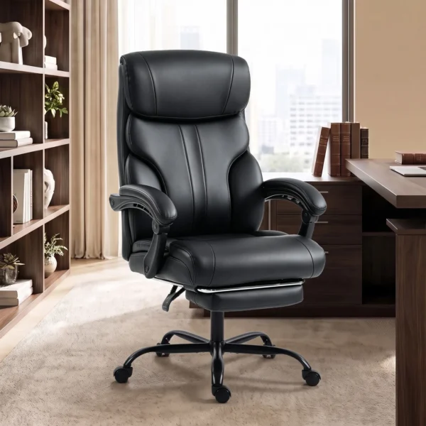 Ergonomische Bureaustoel Met Voetensteun, Hoge Rugleuning, Kantelfunctie, PU Leer, Zwart