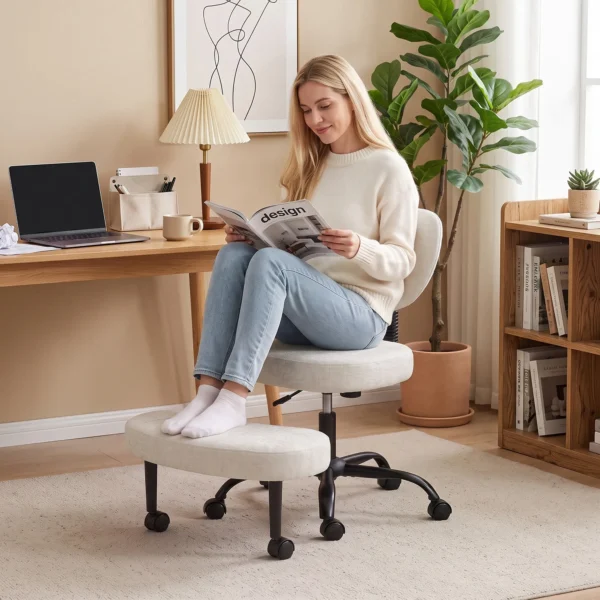 Ergonomische Kleermakerszit Bureaustoel, 360° Draaibare ADHD Meditatiestoel Met Wielen En Hoogteverstelling, Crème Wit