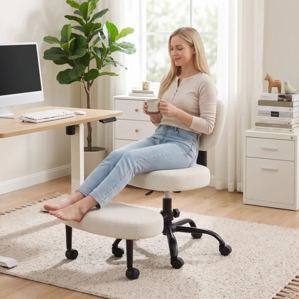 Ergonomische Kleermakerszit Bureaustoel, 360° Draaibare ADHD Meditatiestoel Met Wielen En Hoogteverstelling, Crème Wit