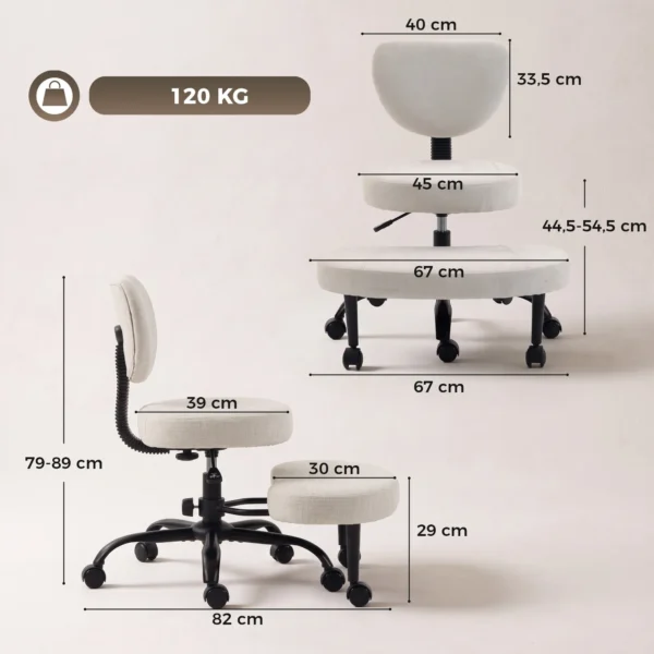 Ergonomische Kleermakerszit Bureaustoel, 360° Draaibare ADHD Meditatiestoel Met Wielen En Hoogteverstelling, Crème Wit