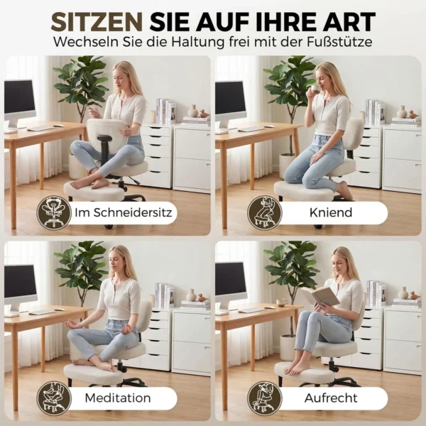 Ergonomische Kleermakerszit Bureaustoel, 360° Draaibare ADHD Meditatiestoel Met Wielen En Hoogteverstelling, Crème Wit