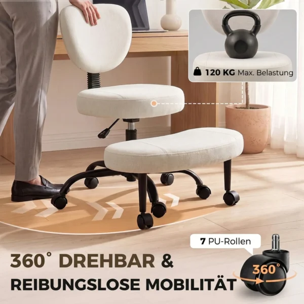 Ergonomische Kleermakerszit Bureaustoel, 360° Draaibare ADHD Meditatiestoel Met Wielen En Hoogteverstelling, Crème Wit