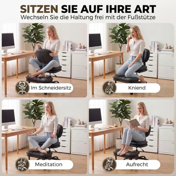 Ergonomische Naaistoel Bureaustoel, 360° Draaibare Meditatiestoel Met Wielen, Afneembare Voetensteun, Zwart