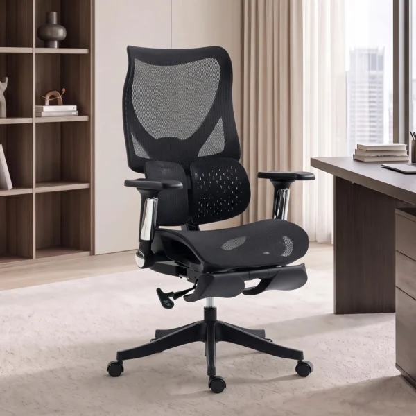 Ergonomischer Bürostuhl Mit Lordosenstütze, Netzstoff, Fußstütze, Schwarz