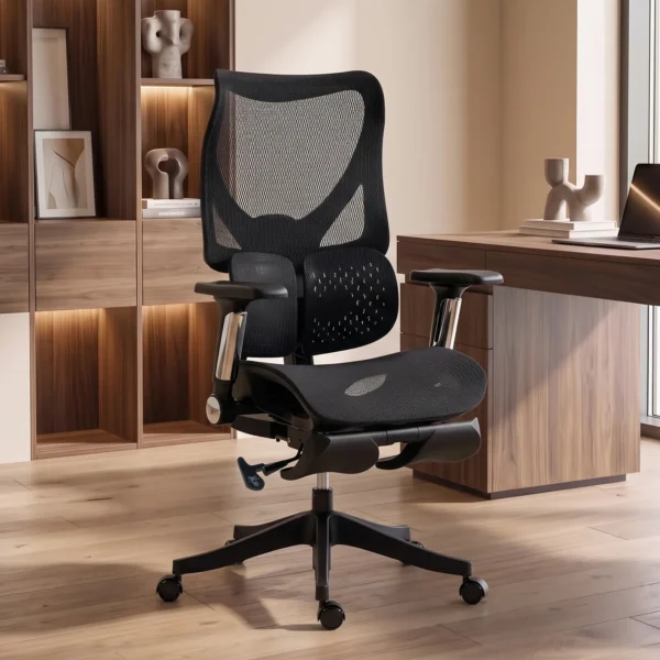 Ergonomischer Bürostuhl Mit Lordosenstütze, Netzstoff, Fußstütze, Schwarz