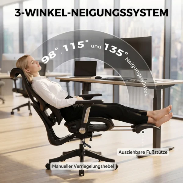 Ergonomischer Bürostuhl Mit Lordosenstütze, Netzstoff, Fußstütze, Schwarz