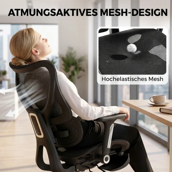 Ergonomischer Bürostuhl Mit Lordosenstütze, Netzstoff, Fußstütze, Schwarz