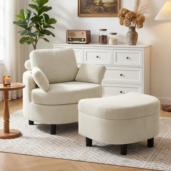 Fauteuil Met Opbergkruk, Corduroy Bekleding, Rondom Leesstoel Met Verstelbare Hoofdsteun, Brede Zitplaats, Crèmewit