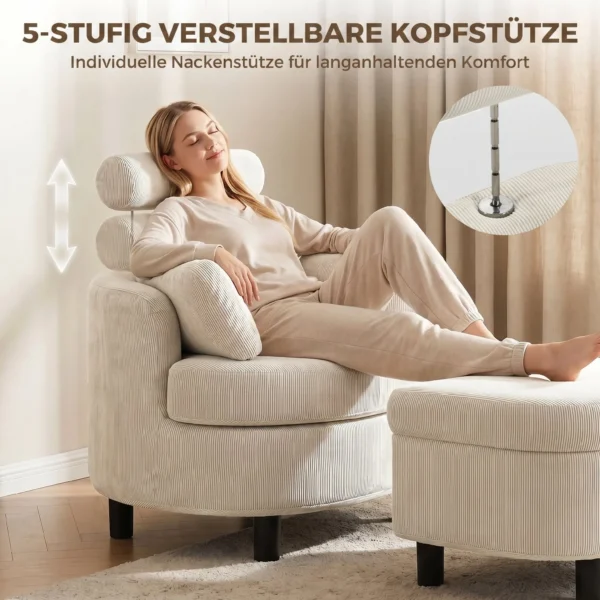 Fauteuil Met Opbergkruk, Corduroy Bekleding, Rondom Leesstoel Met Verstelbare Hoofdsteun, Brede Zitplaats, Crèmewit