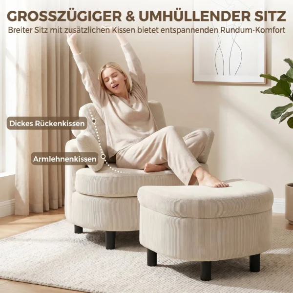Fauteuil Met Opbergkruk, Corduroy Bekleding, Rondom Leesstoel Met Verstelbare Hoofdsteun, Brede Zitplaats, Crèmewit
