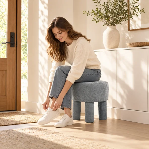 Fußhocker Aus Modernem Chenille Polsterhocker Mit Holzbeinen 43 Cm Hellgrau