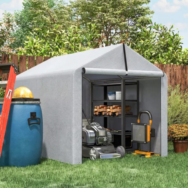 Garage Tent 2,2 X 1,6 M Waterdicht Apparatuurtent Met Roldeur Zadeldak Stalen Frame, UV bestendig Lichtgrijs