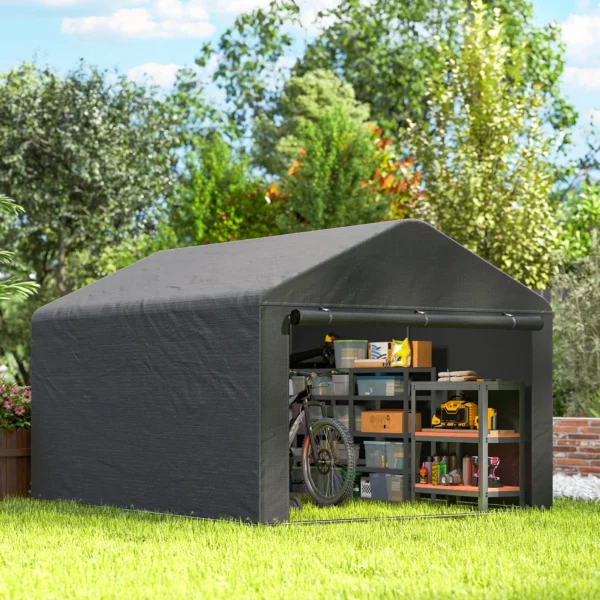 Garage Tent 2,3 X 2 M Waterafstotend Apparatuurtent Met Rolbare Ritsdeur Zadeldak, UV bestendig Donkergrijs