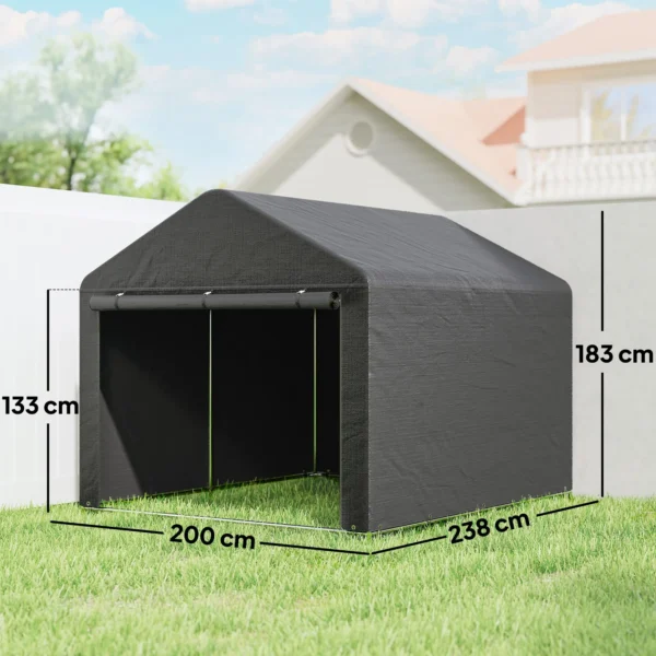 Garage Tent 2,3 X 2 M Waterafstotend Apparatuurtent Met Rolbare Ritsdeur Zadeldak, UV bestendig Donkergrijs