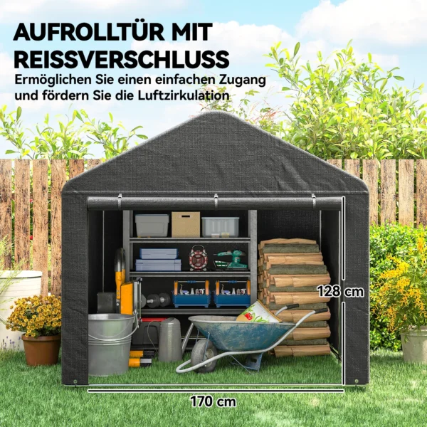Garage Tent 2,3 X 2 M Waterafstotend Apparatuurtent Met Rolbare Ritsdeur Zadeldak, UV bestendig Donkergrijs