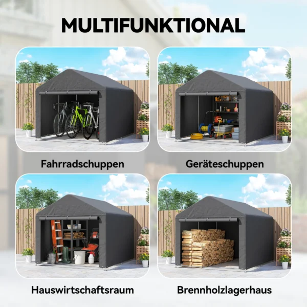 Garage Tent 2,3 X 2 M Waterafstotend Apparatuurtent Met Rolbare Ritsdeur Zadeldak, UV bestendig Donkergrijs