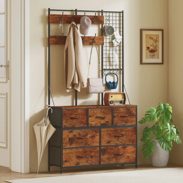 Garderoberek, Kledingrek Met Stoffen Lade, 14 Haken Voor Hal, Slaapkamer, Rustiek Bruin, Hoogte 183 Cm