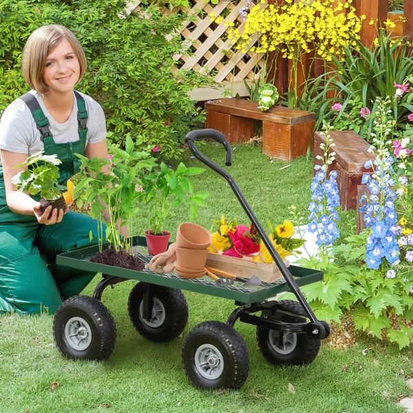 Gartenwagen Bis 150 Kg Handwagen Mit 180° Drehbarer Griff, Luftbereifung Für Gartenarbeit Rasen Schwarz