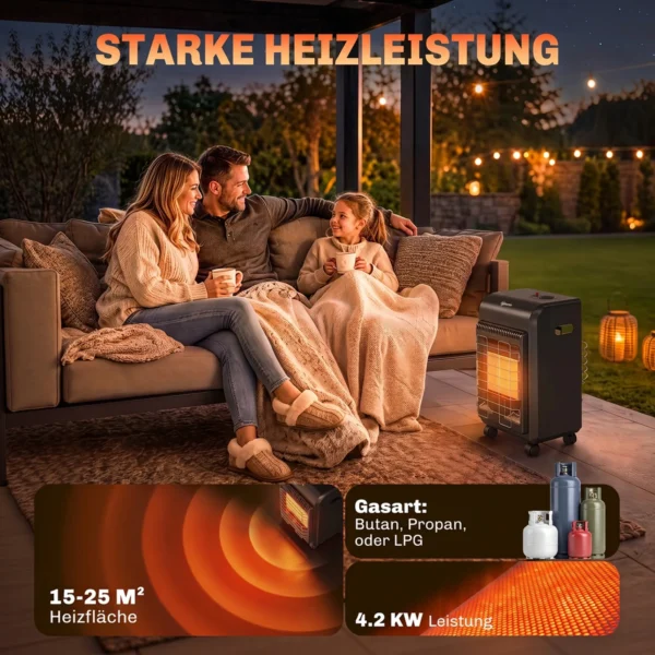 Gas Terrasverwarmer Outdoor 1,5 4,2 KW Terrasverwarmer Met Rollen 3 Vermogensniveaus 50 Cm Slang Drukregelaar