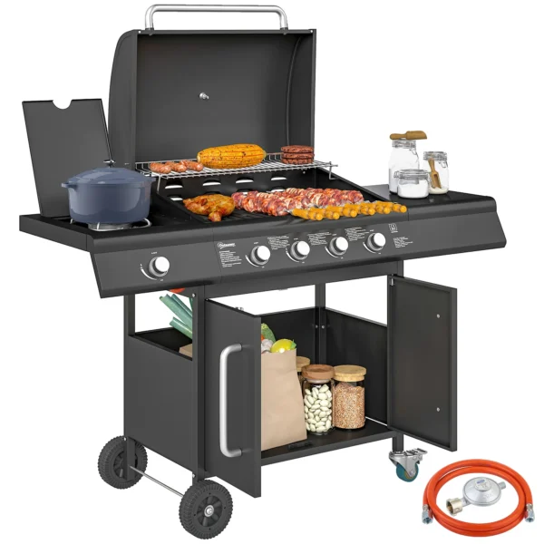 Gasgrill 15,2 KW Grillwagen Inkl 5 RVS branders Rol Zijkoker 129,5 X 56 X 110 Cm Zwart