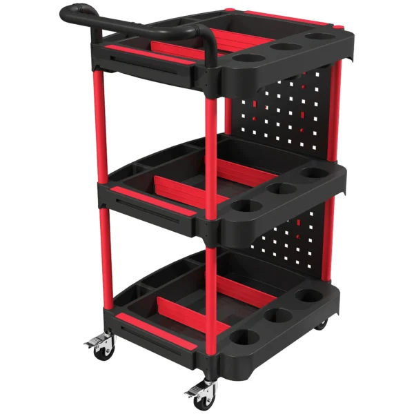 Gereedschapswagen Met 3 Niveaus, Geperforeerde Wand En Haken, Verrijdbare Werkplaatswagen Met Remmen, Zwart/Rood