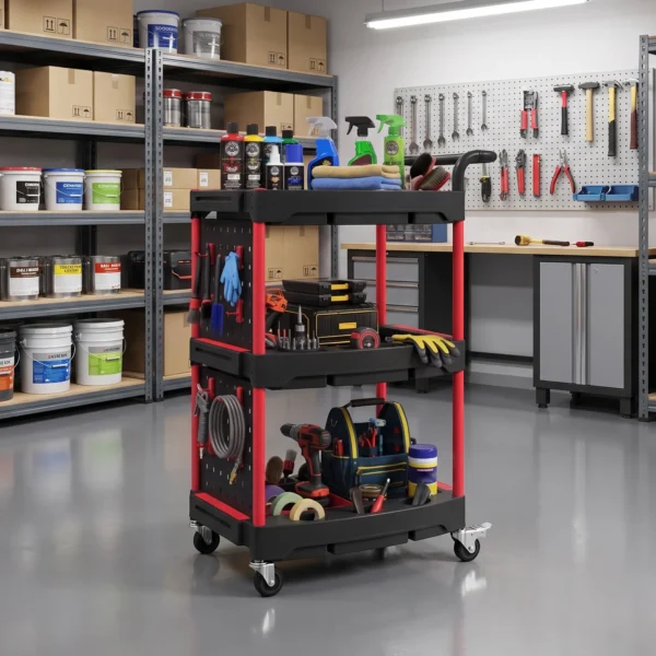 Gereedschapswagen Met 3 Niveaus, Geperforeerde Wand En Haken, Verrijdbare Werkplaatswagen Met Remmen, Zwart/Rood
