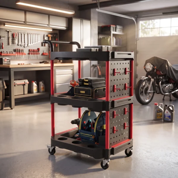 Gereedschapswagen Met 3 Niveaus, Geperforeerde Wand En Haken, Verrijdbare Werkplaatswagen Met Remmen, Zwart/Rood