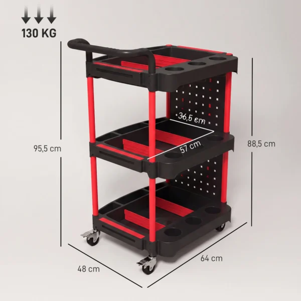 Gereedschapswagen Met 3 Niveaus, Geperforeerde Wand En Haken, Verrijdbare Werkplaatswagen Met Remmen, Zwart/Rood