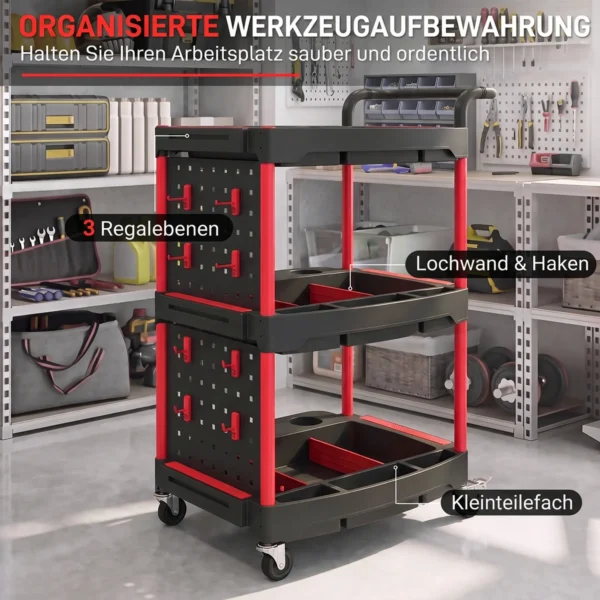 Gereedschapswagen Met 3 Niveaus, Geperforeerde Wand En Haken, Verrijdbare Werkplaatswagen Met Remmen, Zwart/Rood