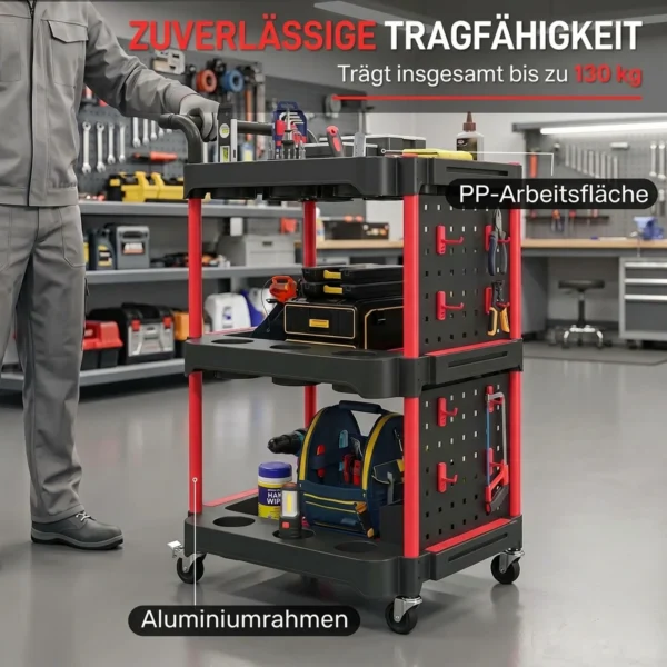 Gereedschapswagen Met 3 Niveaus, Geperforeerde Wand En Haken, Verrijdbare Werkplaatswagen Met Remmen, Zwart/Rood