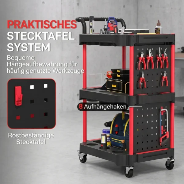 Gereedschapswagen Met 3 Niveaus, Geperforeerde Wand En Haken, Verrijdbare Werkplaatswagen Met Remmen, Zwart/Rood